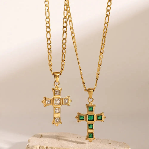Stainless Steel Zircon Cross Pendant Necklace